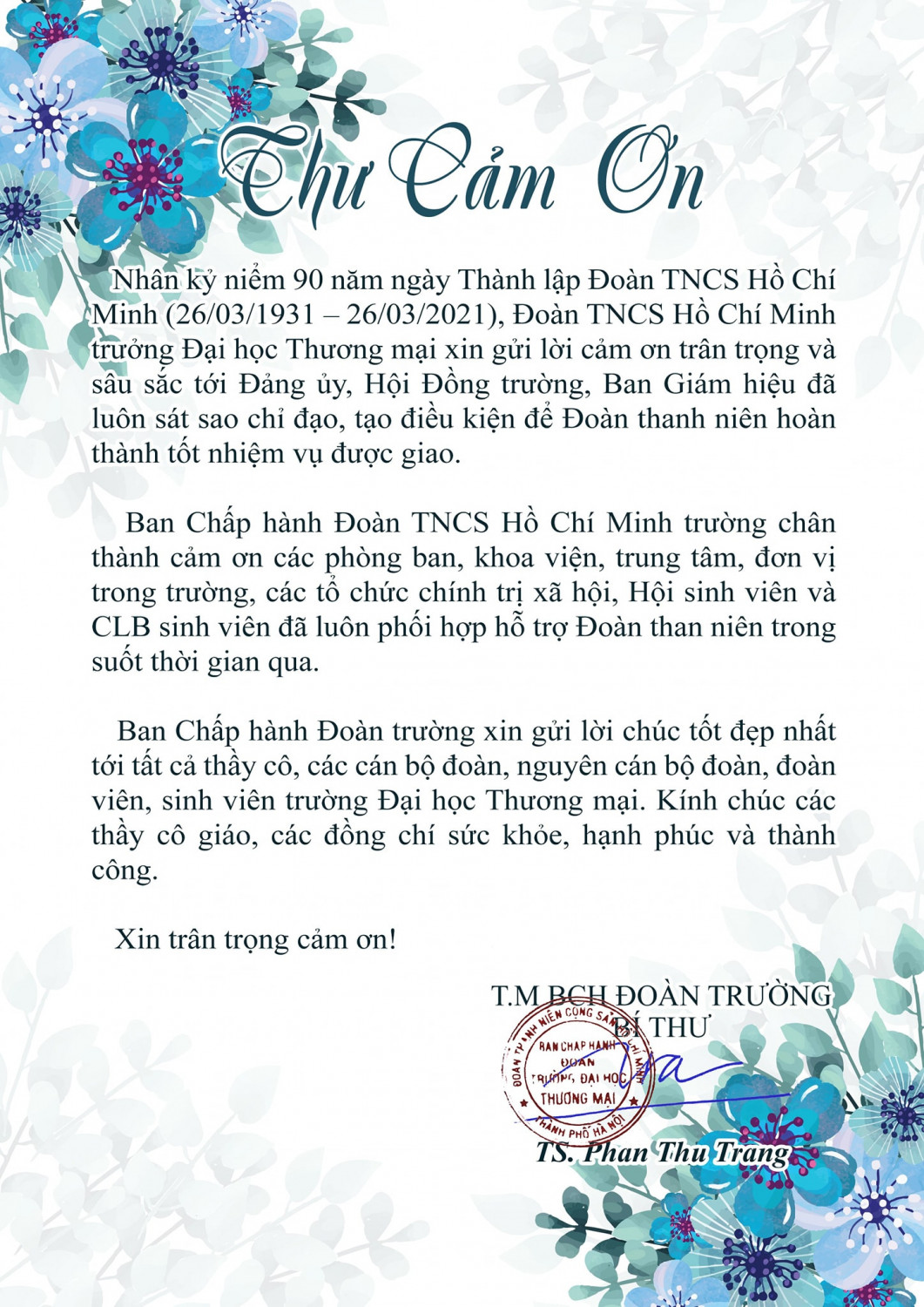 Thư cảm ơn nhân kỷ niệm 90 ngày thành lập Đoàn TNCS HCM (26/3/1931-26/3/2021)